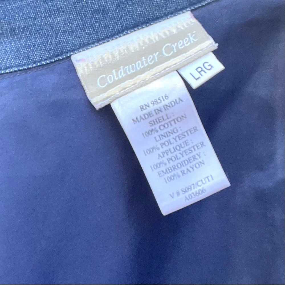 Vintage Coldwater Creek Denim Blazer With Silk Paisley Floral appliqué Large - Picture 7 of 8